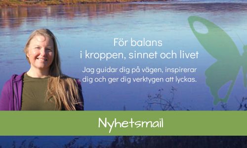 Banner Nyhetsmail. Bild på mig med en älv som bakgrund. Texten "För balans i kroppen, sinnet och livet. Jag guidar dig och ger dig verktygen att lyckas". 